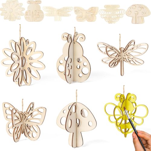 1 Spring Wooden Ornaments Craft - 12 Set Insect Unfinished Wood Craft Classroom Paint, DIY Painting Spring Hanging Decoration, Mushroom Butterfly Bee Cutouts Tag with Rope for Home School Party