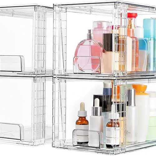 4 Pack Large Stackable Storage Drawers,Easily Assemble Acrylic Bathroom Closet Undersink Organizers and Storage,Plastic Bins for Kitchen Cabinets,Pantry,Makeup,Medicine Organization