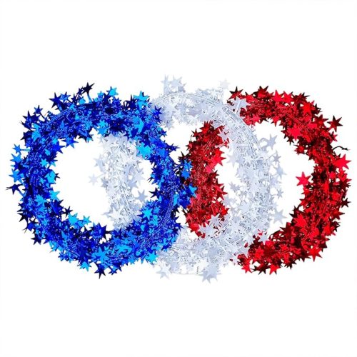 3 Rolls Tinsel Stars Wire Garlands, 26 Feet Red White Blue Star Tinsel Garlands for Wreath Making, Gift Wrapping and DIY Craft Projects
