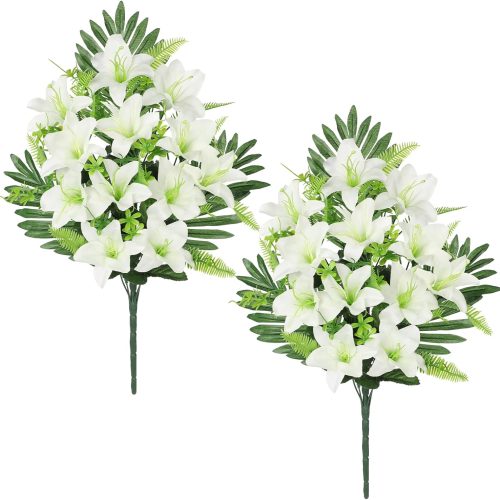 1 Artificial Cemetery Flowers for Grave, Set of 2 Silk White Faux Lily Bouquet Flower Outdoor Graveyard Memorial Flowers for Cemetery Headstones Decoration