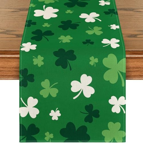 Green Shamrock St. Patrick's Day Table Runner, Seasonal Spring Kitchen Dining Table Decoration for Home Party Decor 13x72 Inch