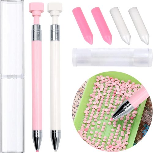 2 Pcs Diamond Painting Pens with Wax, Refillable Wax Pen, Rotating Glue Point Drill Pen for Nail Art Rhinestones, Diamond Art Accessories and Tools, Quickly Pick Up Beads Gems (Pink, White)