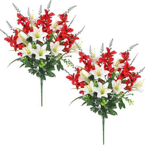 1 Flowers 2pack Cemetery Decorations for Grave Funeral Flowers Artificial Lily Gladiolus Cemetery Flowers for Grave Graveyard Memorial Flowers for Gravesite Cemetery Headstones -Red and White