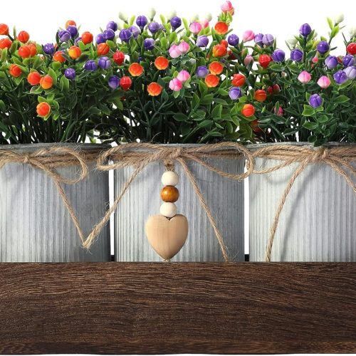 Decorative Centerpiece Wooden Tray with 3 Metal Potted Artificial Milan Flowers Rustic Country Farmhouse Décor for Dining Room, Living Room and Kitchen Table