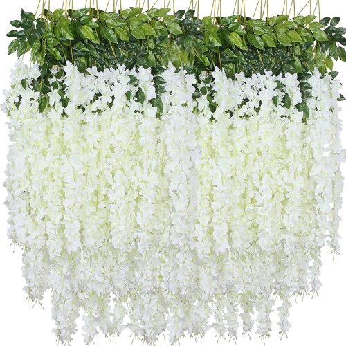 Artificial Wisteria Flowers, White Dense Artificial Fake Wisteria Vine Ratta Hanging Garland Silk Flowers String for Home Party Wedding Decor (24pcs White)