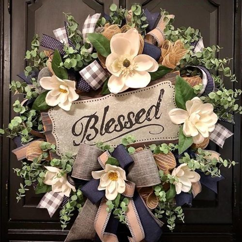 1 Spring Summer Wreath for Front Door,Farmhouse Magnolia Porch Decoration,Front Door Hanger,Housewarming Gift, Buffalo Plaid Year Round Wreath,Summer Home Decor