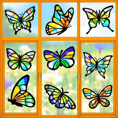 9 Pieces Suncatcher Butterfly Craft Kit for Stained Glass Effect Spring Summer DIY Window Tissue Craft with 12 Colors Large Paper Window Art Decoration Gift Party Favors