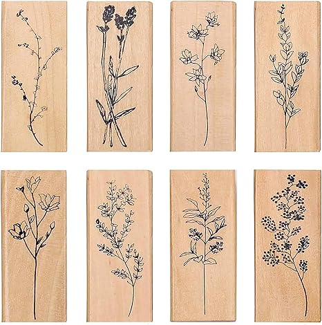 1 8 Pieces Wood Mounted Rubber Stamps, Plant and Flower Decorative Wooden Rubber Stamp Set for DIY Craft, Diary and Craft Scrapbooking