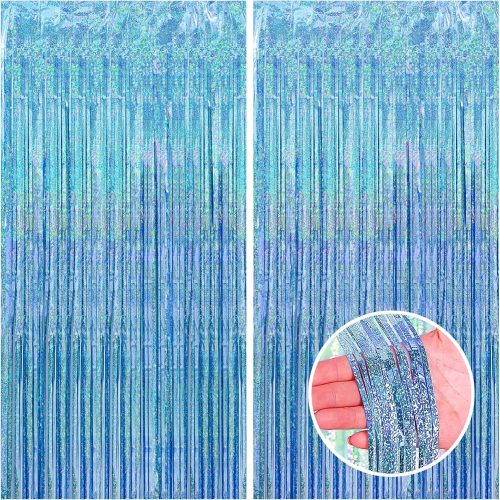 1 2 Pack 3.3x8.2 Feet Light Blue Foil Fringe Backdrop Curtains, Glitter Tinsel Streamers Birthday Party Decorations, Fringe Backdrop for Baby Shower Mermaid Under The Sea Ocean Frozen Party