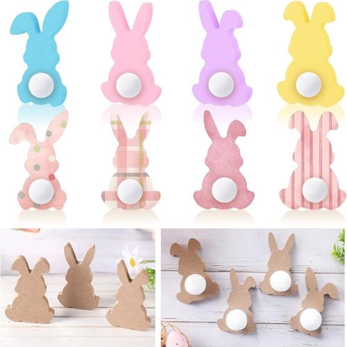 1 22 Pcs Easter Wooden Bunny Cutouts for Crafts, Unfinished Easter Wood Cutouts Bunny Table Sign Rabbit Tabletop Decoration with 22 White Felt Balls Pom Pom Ball 60 Adhesive Dots for Spring Party