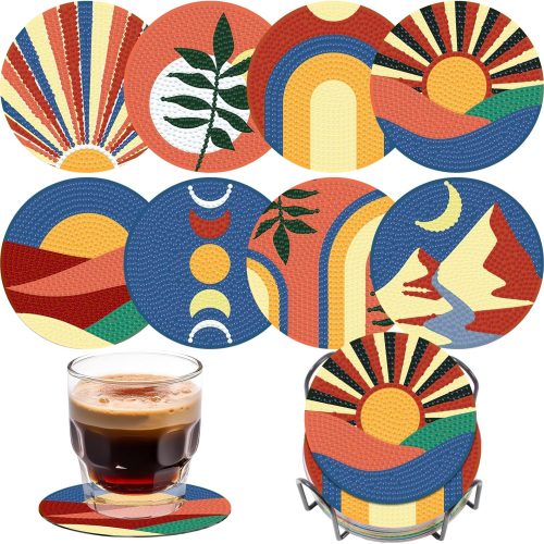 Boho Diamond Art Coasters Kit (8-Pack) - DIY Drink Coasters for Adults & Kids with Gemstones, Glue, Tray & Tools - Creative Craft Supplies for Beginners, Home Decor Gift (Boho Style)