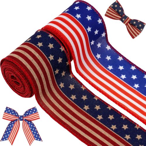 2 Rolls Patriotic Ribbon, 2.5 Inch x 5 Yards Each, American Flag Wired Ribbon Set, Vintage & Classic USA Stars and Stripes Decoration for Bow, Wreath, Holiday, Memorial Day,Veterans Day Deco