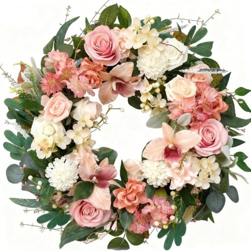 24 Inch Pink Orchid Wreath for Everyday & Special Occasions, Dried Flowers & Plants, Door Mount