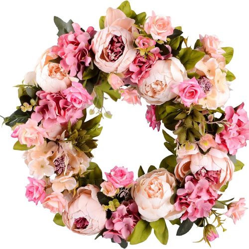 Artificial Peony Flower Wreath - 15" Pink Flower Door Wreath Spring with Green Leaves for Front Door, Wedding, Wall, Home Decor