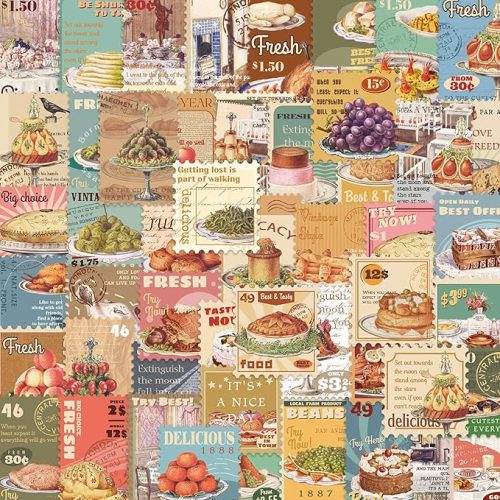 1 Vintage Aesthetic Food Postage Stamp Stickers for Adults - Classic Fruit Cake Grape Roast Chicken Waterproof Vinyl Stickers | Journal Planner Laptop Scrapbooking Food Stickers