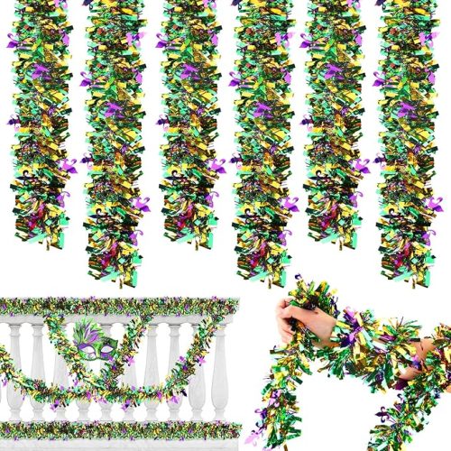 1 5 Mixed Shiny Metallic Glittering Tinsel Garlands - Purple, Green, Gold - 32.8Ft for Mardi Gras, Christmas, Carnival Parties