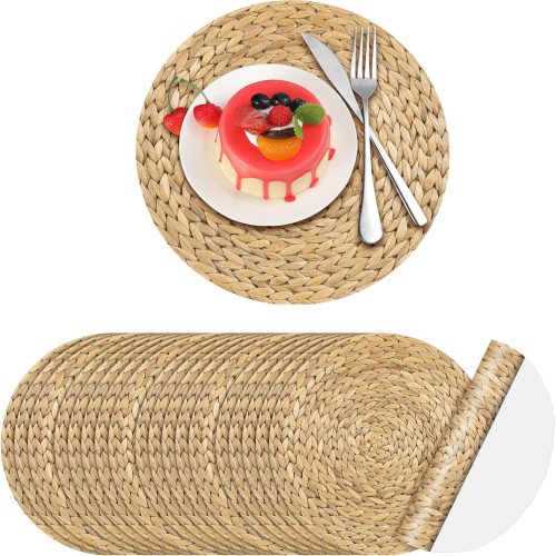 100 Pcs Disposable Printed Woven Paper Placemats Bulk 11 Inch Round Wicker Printed Chargers Place Mat Farmhouse Braided Rattan Tablemats for Wedding Dinner Party(Light Brown)