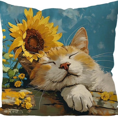 1 Spring Pillow Covers 18x18 Inch Orange Cat Sunflowers Throw Pillowcase Summer Home Sofa Bedroom Living Room Holiday Cushion Case Modern Decorations