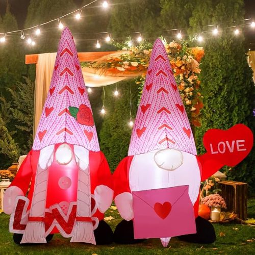 1 GOOSH 5.5 FT Long Valentines Day Inflatables Gnomes Outdoor Decorations Blow Up Yard Pink Gnomes Couple with Built-in LEDs for Garden Lawn Indoor Decor