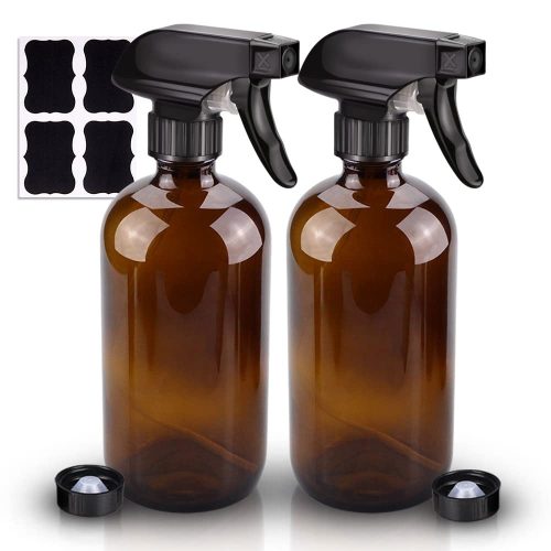 Amber Glass Spray Bottles, 2 Pack 16 oz Glass Spray Bottles for Cleaning Solutions and Essential Oils, Refillable Empty Spray Bottle with Adjustable Nozzles for Alcohol, Plant and Hair Care