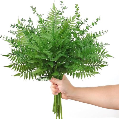 1 Mixed Eucalyptus Leaves Stems 12PCS, Artificial Plants Boston Fern Fake Branches Faux Shrub Bushes Greenery UV Resistant Plant for Vase Wedding Floral Outdoor Indoor Decor