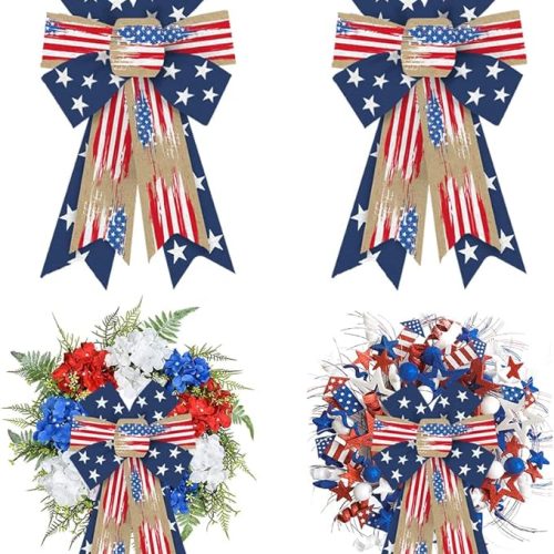 1 Threetols 2pcs Patriotic Bows for Wreath, Chritmas Wreath Bows Veterans Day Burlap Bows for Front Door, Red White America Flag Blue Patriotic Star Tree Topper Bow for Indoor Outdoor Decoration