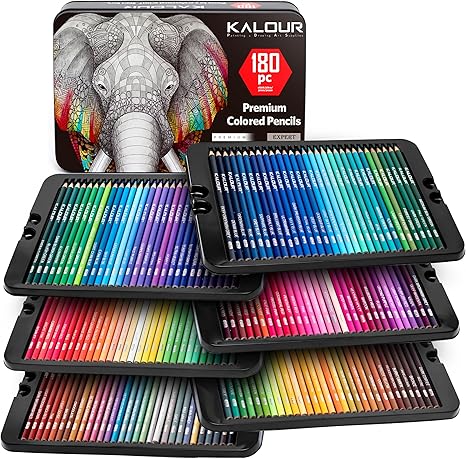 1 KALOUR 180 Colored Pencil Set for Adults Artists - Rich Pigment Soft Core -12 Metallic Pencil - Ideal for Coloring Drawing Sketching Shading Blending - Vibrant Color(Tin Case)