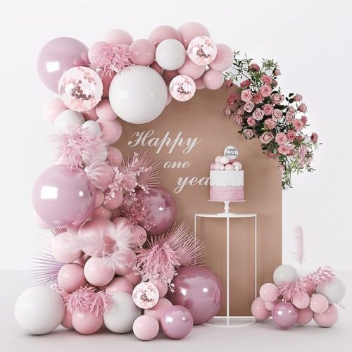 1 Pink White Balloons Garland Arch Kit 104 PCS Metallic Pink Gold Confetti Latex Balloons for Baby Girl Shower Birthday Wedding Anniversary Bachelorette Party Decorations