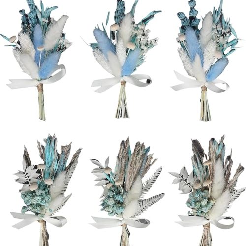 1 Mini Dried Flower Bouquet Set (6 pcs), Small Blue Bouquet, Boho Wedding Dinner Plate Decoration, Groom's and Best man's Boutonnieres, Bridesmaid Flower Girl Proposal Gift Box, Card Decoration. (Blue)