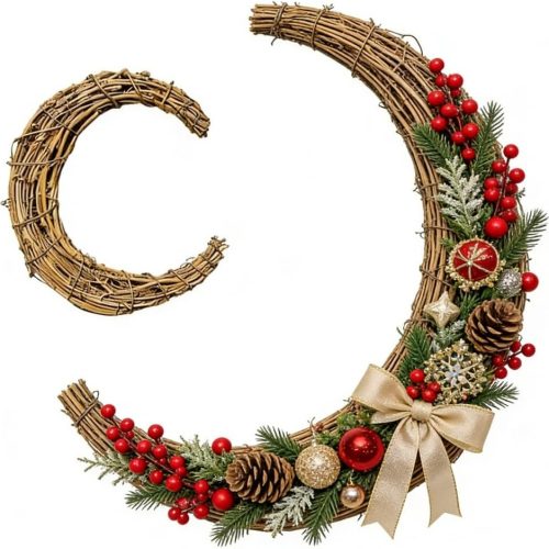 1 2pcs Moon Shape Wreath, 9.8 Inch Grapevine Wreath Rings Rattan Front Door Decor for Home Holiday Wedding Party