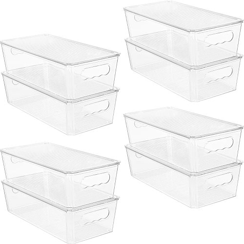 8pcs Clear Organizers and Storage Bins with Lids, Stackable Plastic Storage Containers with Handles for Fridge, Freezer, Pantry, Cabinet, Kitchen Organization