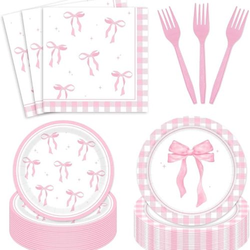 1 96Pcs Pink Bow Party Decorations Coquette Birthday Plates Napkins Girl Bow Theme Birthday Baby Shower Bridal Shower Bachelorette Party Dinnerware Decor