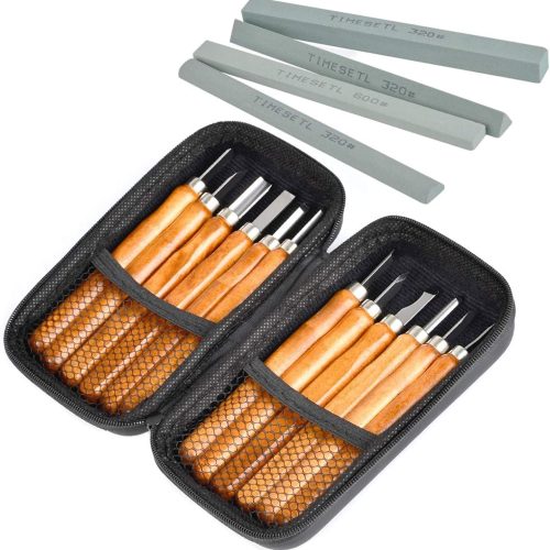1 17Pack Small Wood Carving Set, 12pcs Wood Carving Tools SK2 Carbon Steel + 4pcs Whetstone + 1pcs Storage Case for Beginners DIY Woodworking Sculpting Whittling with Safety Cap