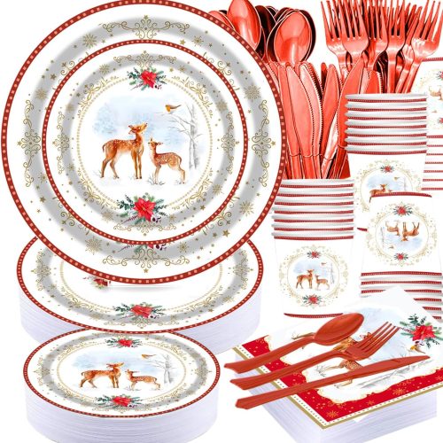 Christmas Poinsettia Flower Deer Disposable Plate - 25 Set Deer Christmas Holiday Woodland White Xmas Party Plates, Napkins Cups,Perfect for School Office Home