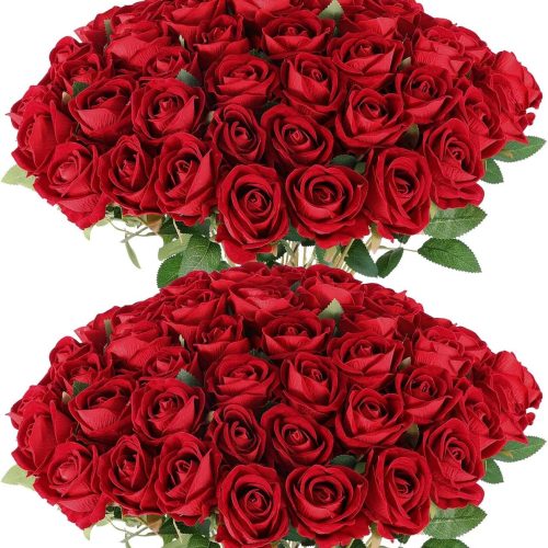 50 Artificial Roses in Bulk, Fake Velvet Silk Burgundy Roses Realistic Red Roses for Wedding Centerpieces Flower Arrangement Home Decor (50, Burgundy)