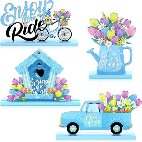 4 Pcs Hello Spring Table Decorations Spring Easter Table Centerpieces Hello Sunshine Wooden Signs Decorations for Home Wooden Party Ornament Farmhouse Easter Rustic(Classic Style)