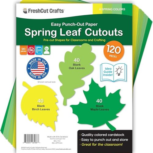 120 Pieces Spring Leaf Paper Cutouts with IDEA Guide, 2-Sided US Made Card Stock Punch Out Maple, Oak, and Birch Leaves for Bulletin Boards, Classroom Decor, Spring Crafts, DIY Scrapbook, and Posters