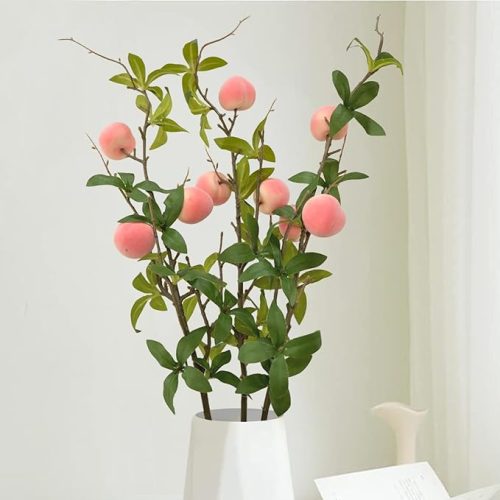 3 Bunches 27.5inch Artificial Peach Branches Faux Fruit Realistic Fruit Bouquet Fake Peach Stem with Green Leaves for Vase Kitchen Display Home Wedding Party Farmhouse Garden Table Centerpiece Decor