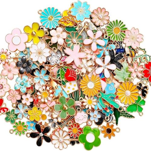 120 Pcs Spring Summer Floral Themed Charms, Flower Charms for Jewelry Making, Assorted Gold Enamel Charm Pendants for DIY Necklace Bracelet Earrings Supplies Gifts for Mom Women