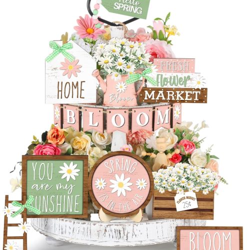 16 Pcs Spring Flower Tiered Tray Decor Set Farmhouse Daisy Floral Wooden Sign Rustic Spring Table Centerpieces Daisy Tiered Tray Decorations for Home Kitchen Shelf Tabletop