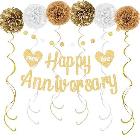 Happy Anniversary Decorations – Gold Happy Anniversary Banner, Paper Pom Poms, Hanging Swirls and Glitter Circle Dots Garland for Wedding Decorations