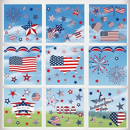 9 Sheets 4th of July Decorations Window Clings, Patriotic Static Decals for Glass - USA Flag, Fireworks, Stars Designs - Easy Peel & Stick - Indoor/Outdoor Use