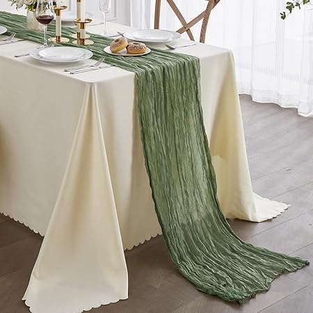 Cheese Cloth Table Runner, 35 x 160 Inch Sage Green Boho Table Runner for Special Banquets, Weddings, and Parties