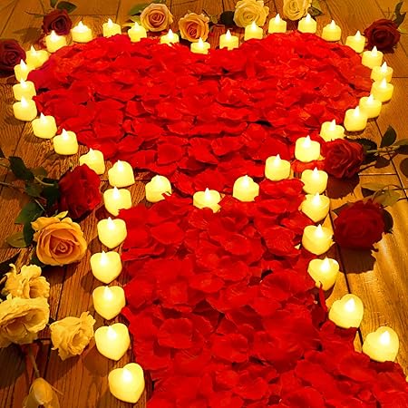 7000 Pieces Artificial Rose Petals with 72 Pieces Romantic Heart Led Tealight Candles, Rose Petals and Candles Set for Weddings Anniversaries Proposals Decor(Warm White Light)
