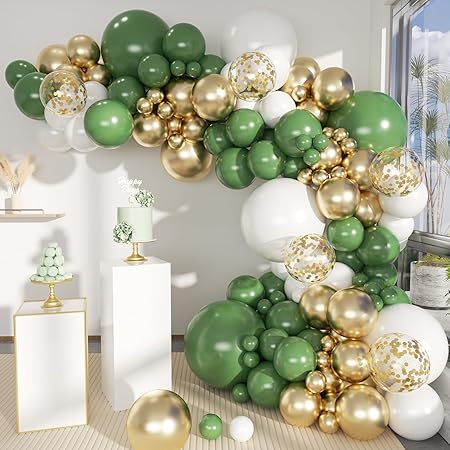 Green White Gold Balloon Arch Kit, 146Pcs Avocado Green Metallic Chrome Gold Confetti and White Latex Balloons for Wedding Birthday Baby Shower Decoration