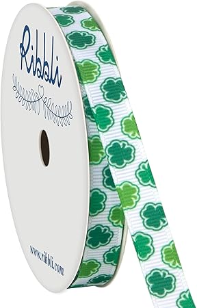 Grosgrain Shamrock Craft Ribbon,3/8-Inch,10-Yard Spool, White/Green, Use for St. Patrick's Day,Gift Wrapping,Party Decoration