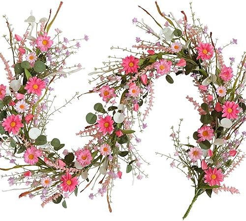 5.9ft Spring/Summer Flower Garland, Artificial Daisies Wildflower Leaves Garland,Garlands for Decoration for Indoor Outdoor Farmhouse Window Wall Wedding Background Home Party Decor