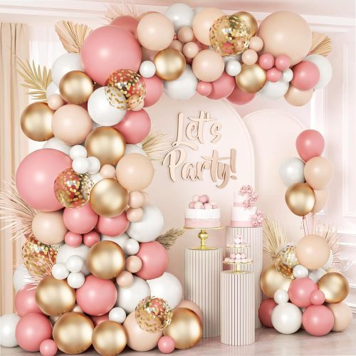 1 Dusty Pink Blush Balloon Arch Kit, Retro Pink Nude Matte White Metallic Gold Balloons and Gold Confetti Balloons for Boho Engagement Wedding Bridal Shower Birthday Decorations