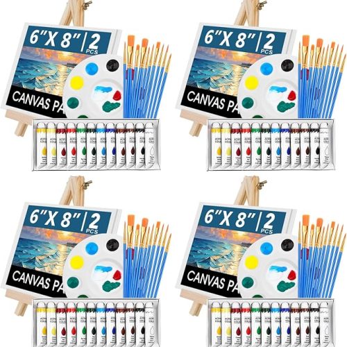 104PCS Acrylic Paint Canvas Set, Acrylic Painting Kit with 4 Set of 12 Colors Acrylics Paint,Paint Brushes,Canvas, Wooden Easels, Art Plates, Art Painting Supplies for Kids Adults Beginners