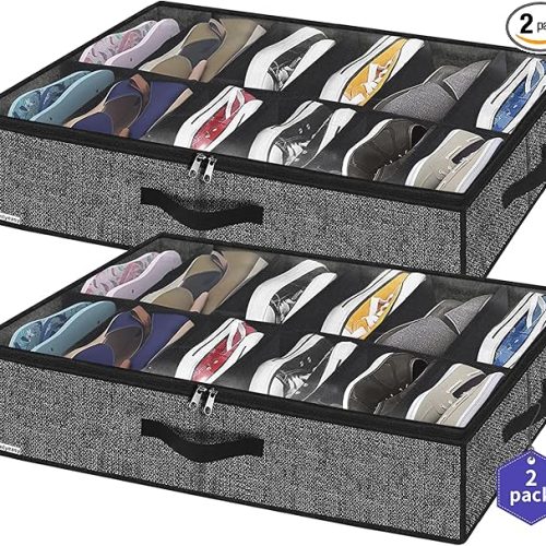 Sturdy Under Bed Shoe Storage Organizer, Set of 2, Fit 12 to 24 Pairs, Underbed Shoes Closet Storage Solution with Clear Window, Breathable, L29.3 x W23.6 x H5.9, Linen-like Black